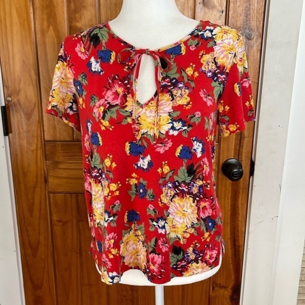 Maeve Anthropologie Red Yellow Blue Floral Short Sleeve Cotton Knit Top Medium